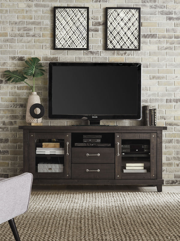 Wooden Media Console with Two Drawers and Two Glass Door Cabinets, Brown-Cabinets and storage chests-Brown-Wood Metal-JadeMoghul Inc.