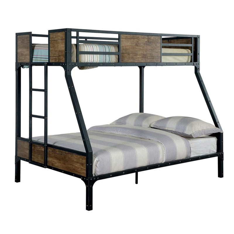 Wooden & Metal Frame Twin/Full Size Bunk Bed, Black-Bedroom Sets-Black-Wood & Metal-JadeMoghul Inc.