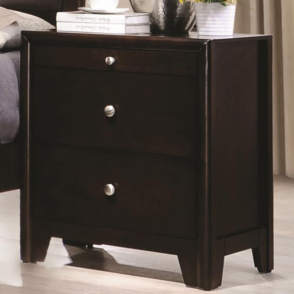 Wooden Nightstand with 2 Drawers & 1 Pull-Out Tray, Dark Merlot Brown-Nightstand-Brown-Wood-JadeMoghul Inc.