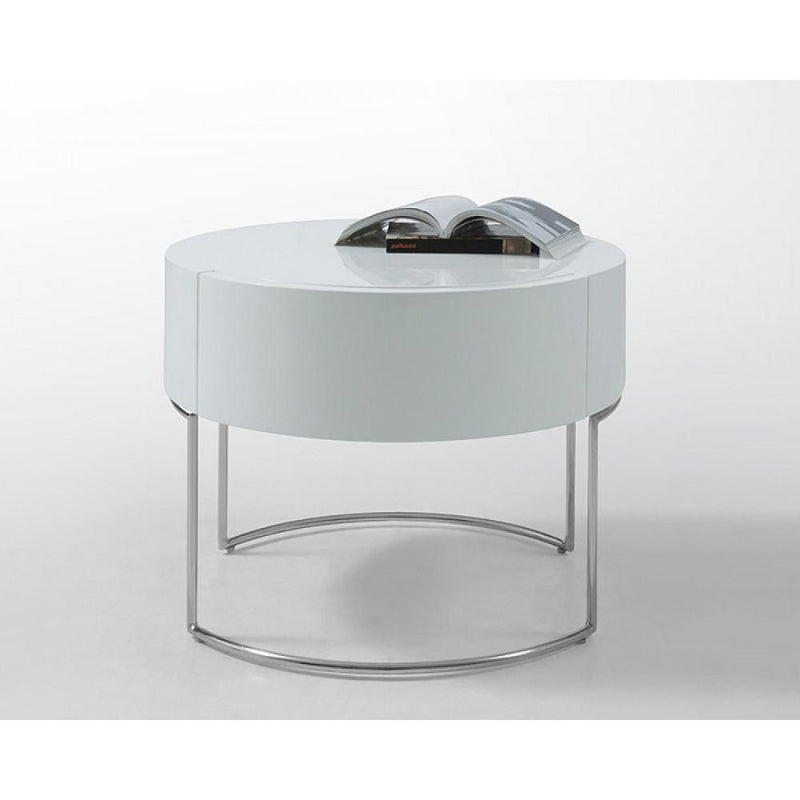 Wooden Nightstand with One Drawer and Stainless Steel Legs, White and Silver-Bedroom Furniture-White and Silver-Wood and Stainless Steel-JadeMoghul Inc.