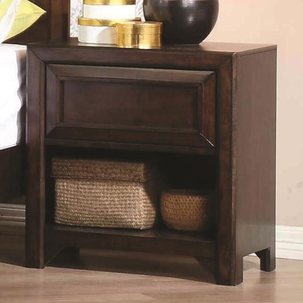 Wooden Nightstand With One Drawer and Storage, Maple Oak-Nightstands and Bedside Tables-Maple Oak-MDF-JadeMoghul Inc.
