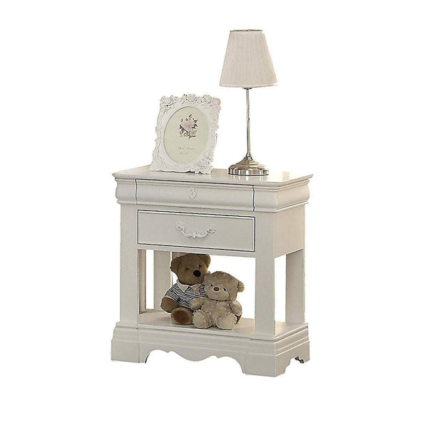 Wooden Nightstand With Two Drawers And Open Shelf, White-Bedroom Furniture-White-Wood-JadeMoghul Inc.