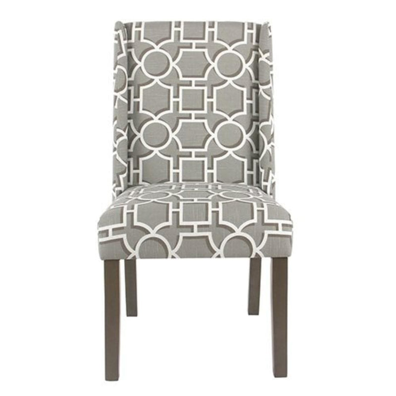 Wooden Parson Dining Chairs with Trellis Patterned Fabric Upholstered Seating, Gray, Set of Two-Dining Chairs-Gray-Wood and Fabric-JadeMoghul Inc.