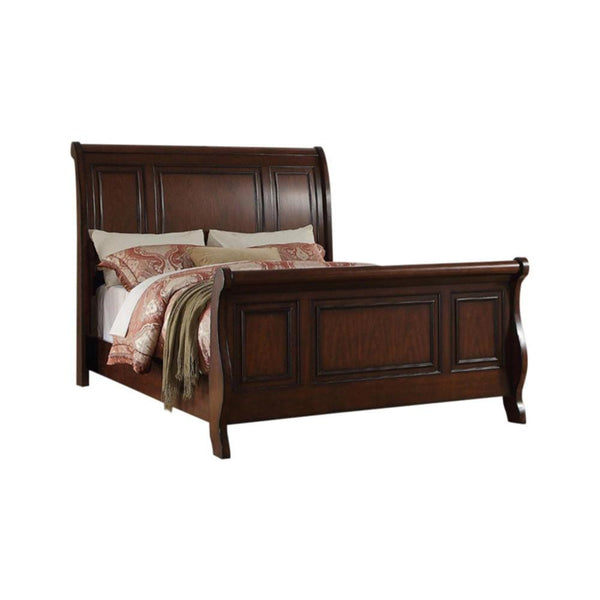 Wooden Queen Bed, Cherry Finish-Panel Beds-Brown-Pine Wood Mdf W Cherry Veneer-JadeMoghul Inc.