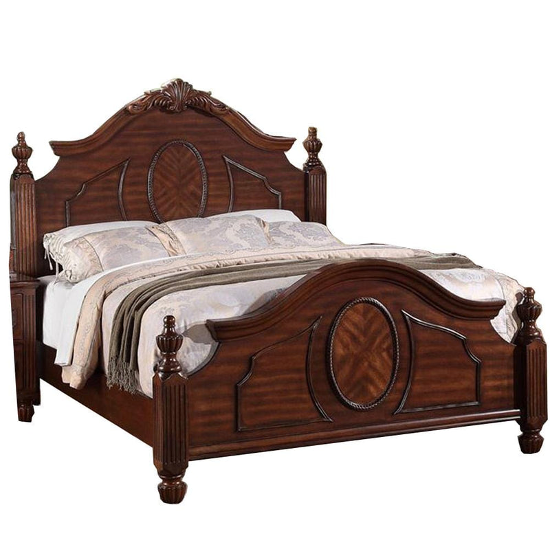 Wooden Queen Bed With Circular Floral Design, Cherry Finish-Panel Beds-Brown-PinePartcile Board / Birch VeneerPoly-JadeMoghul Inc.