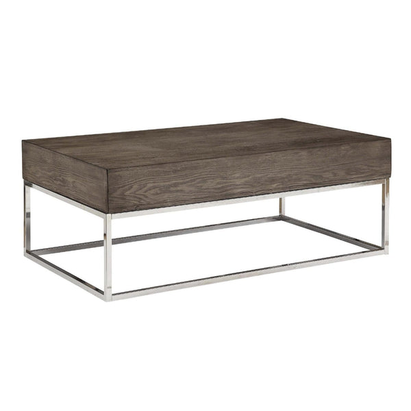 Wooden Rectangular Coffee Table with Metal Geometric Open Base, Silver and Gray-Coffee Tables-Silver and Gray-Wood and Metal-JadeMoghul Inc.