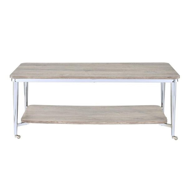 Wooden Rectangular Coffee Table with Open Bottom Shelf and Caster Legs, Oak Brown and Silver-Coffee Tables-Brown and Silver-Wood and Metal-JadeMoghul Inc.