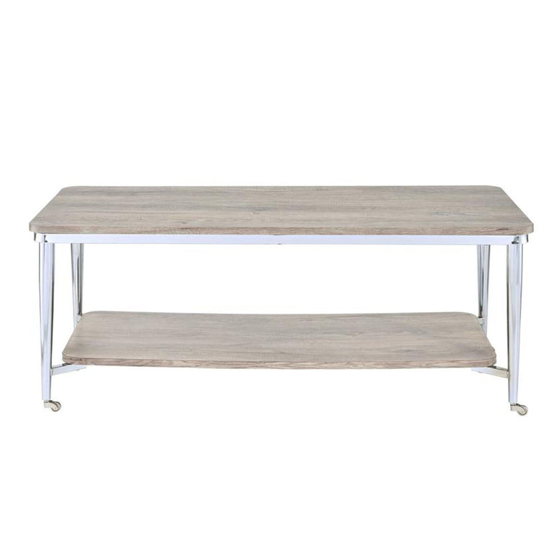 Wooden Rectangular Coffee Table with Open Bottom Shelf and Caster Legs, Oak Brown and Silver-Coffee Tables-Brown and Silver-Wood and Metal-JadeMoghul Inc.