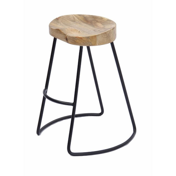 Wooden Saddle Seat Barstool with Metal Legs, Small, Brown and Black-Bar Stools and Counter Stools-Brown & Black-Wood & Iron-JadeMoghul Inc.