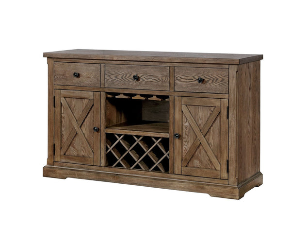 Wooden Server with Three Drawers and Two Door Cabinets, Light Brown-Wine Racks-Brown-Solid Wood Wood Veneer and Metal-JadeMoghul Inc.