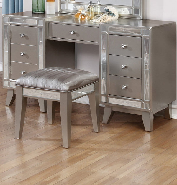 Wooden Set of Vanity and Stool with Mirrored Accents, Mercury Silver-Bedroom Furniture-Silver-Wood-JadeMoghul Inc.