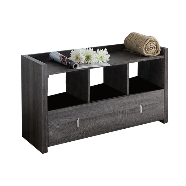 Wooden Shoe Bench With 3 Shelves, Distressed Gray