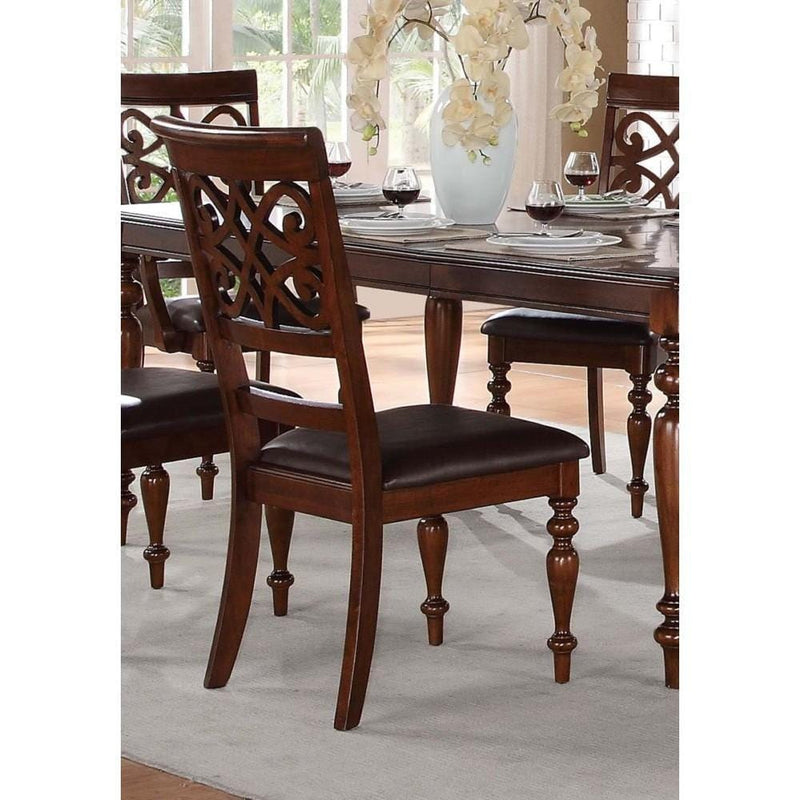 Wooden Side Chair With Leatherette Seat And Designer Open Work Back, Cherry Brown, Set of 2-Dining Chairs-Brown-Wood Leatherette-JadeMoghul Inc.