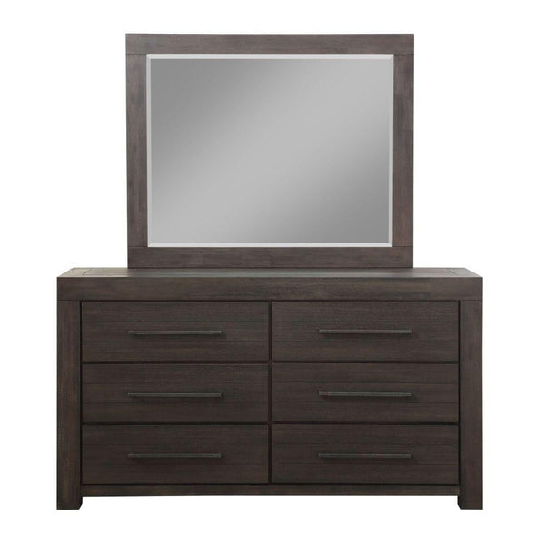 Wooden Six Drawer Dresser with Bronze Metal Pulls, Basalt Gray-Bedroom Furniture-Gray-Wood and Metal-JadeMoghul Inc.