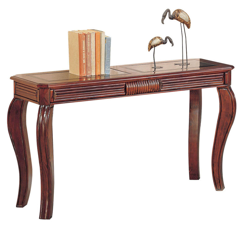 Wooden Sofa Table With Glass Inserts Top, Cherry Brown-Side & End Tables-Brown-Wood & Glass-JadeMoghul Inc.