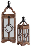 Wooden Square Lantern With Metal Round Finial Top And Circle Design, Set of 2, Brown-Lanterns-Brown-Wood and Metal-Natural Finish-JadeMoghul Inc.