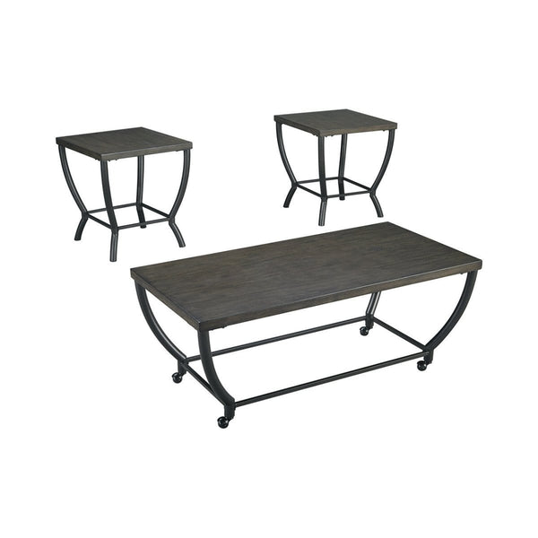 Wooden Table Set with Curved Steel Base, Set of Three, Gray-Accent Tables-Gray-Wood-JadeMoghul Inc.