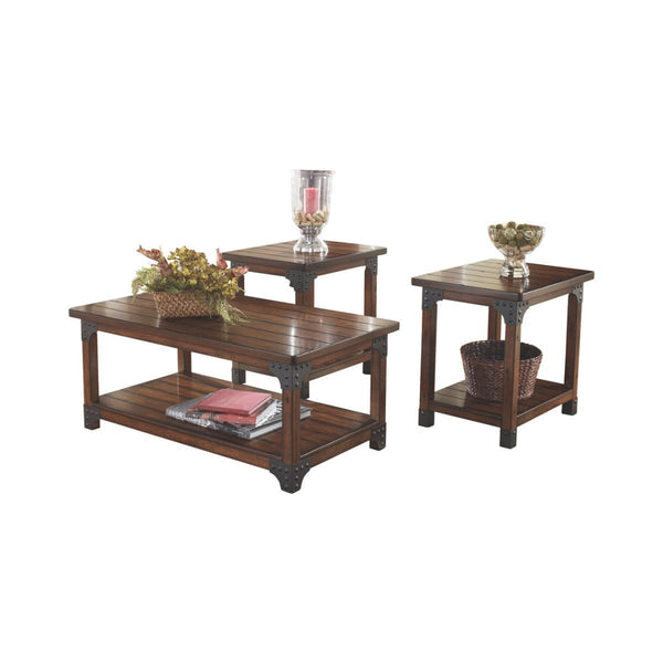 Wooden Table Set with Lower Shelf and Metal Brackets, Set of Three, Brown and Gray-Accent Tables-Brown and Gray-Wood-JadeMoghul Inc.