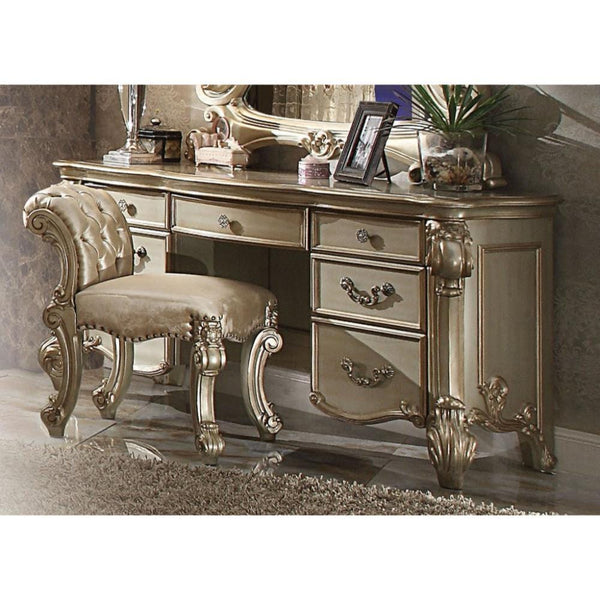 Wooden Vanity Desk with Scrolled Poster Legs, Patina Gold & Bone White-Bedroom Furniture-Gold & White-Wood And Metal-JadeMoghul Inc.