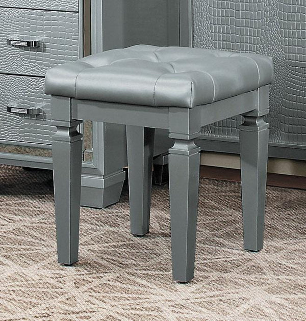 Wooden Vanity Stool With Faux Leather Tufted Seat, Gray-Bedroom Furniture-Gray-Wood and faux Leather-JadeMoghul Inc.
