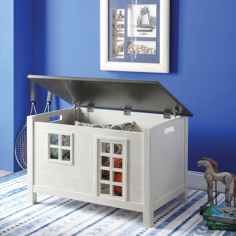 Wooden Youth Chest with Lift Top Storage and Cutout Design, Gray and White-Cabinet & Storage Chests-White and Gray-Engineered Wood-JadeMoghul Inc.