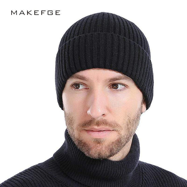 Wool Men's Winter Hats - Fashionable Knit Black Hats Autumn Hats Thick and Warm Hats Skullies Peas Soft Knitted
