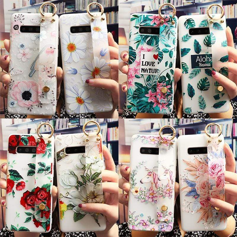 Wrist Strap Case For Samsung Galaxy A50 A81 A71 A51 A70 A60 A30 A40 A10 A21 A7 A8 A9 J5 J7 Prime J4 J6 Plus J8 Soft Cover Flower