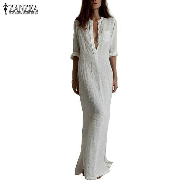 Zanzea Fashion Vestidos 2017 Autumn Women Sexy Casual Dress Long Sleeve Deep V Neck Linen Split Solid Long Maxi Dress-White-XS-JadeMoghul Inc.